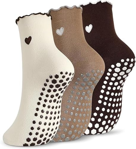 Utensilsto Pilates Stoppersocken Damen, Yoga Rutschfeste Grip Socken 35-38 | 35-38 Niedlich Reformer Pilates Antirutsch Socken mit Noppen, Baumwolle Rüschen Griffsocken (Schwarz, Milchteefarbe, Braun )