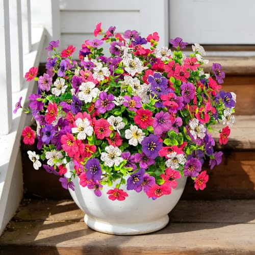 ROLLWAY 12 Bündel Kunstblumen Outdoor Wetterfest Künstliche Blumen Balkon | 4 Farben, UV-beständig Plastik & Seidenblumen wie echt für Draußen Balkonpflanzen Kunstpflanzen für Innen Außen Balkonkasten