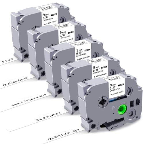 TZe-221 9mm 0.35 Kompatibel mit Brother P Touch Bänder Schwarz auf Weiß | TZe-221 Schriftband Laminated, für Brother PT-H100LB H105 H107B H110 E110 D210 D410 D600 P300BT P700 P710BT, 5er-Pack