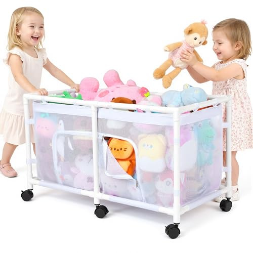 Hedgeink Toy Storage Box with Wheels, Large Mesh Toy Organizer with Zipper and Open Top, Rolling Toy Bin for Plush Toys, for Kids Bedroom and Playroom