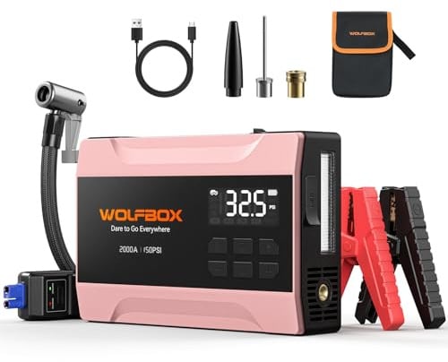 WOLFBOX 2000A Jump Starter with Air Compressor, 37Wh Car Battery Booster Jumper Starter Portable(up to 5L Gas Engine), 12V Jump Box Pack with 150PSI Tire Inflator, Jumper Cables, LED Light — Rose Gold
