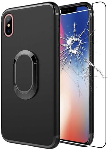 ebestStar - Cover per iPhone X, iPhone XS Apple, Custodia Protezione Silicone, Anello Supporto, Rotazione 360, Nero + Vetro Temperato