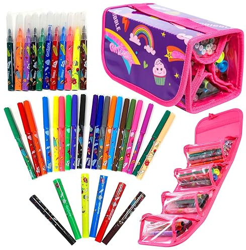 GirlZone Cadeau Fille - Trousse à Enrouler avec 38 Feutres - Set Papeterie - Feutres Qui Sentent Les Fruits - Trousse Enroulable - Feutres Coloriage Cadeaux d'anniversaire pour Enfants