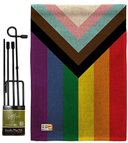 Americana Home & Garden Progress Pride Gartenhaus Flagge Kit LGBT Regenbogen Unterstützung Gartenflagge, 33 x 47 cm Thick Burlap Kleines Flaggen-Set mit Fahnenmast.