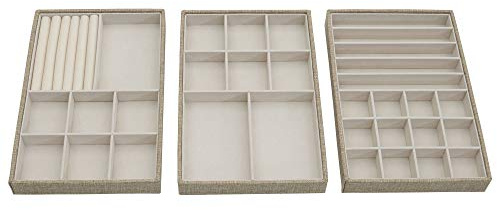 Household Essentials Stackable Jewelry Trays, 3 Varieties, Space for Necklaces, Rings and Earrings, Blended Canvas with Felt Interior, Perfect for Drawers and Closet Shelves, Latte