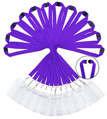 Packung mit 12 strapazierfähigen Polyester Lanyards mit Sicherheitsverschluss & wasserdichten transparenten Kartenhaltern - Verfügbar in Regenbogen-Mix & einfarbigen Farben, Lila+Kartenhaltern