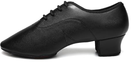 JUODVMP Herren Latin Jazz Tanzschuhe Schwarz Leder Modern Salsa Tango Ballsaal Übungsschuhe 3,5 cm Absatz,37.5 EU