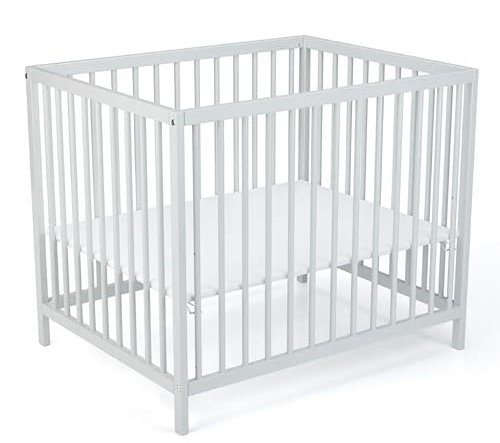 Laufgitter Baby Sarah, 75x95 cm in Grau | 3-fach höhenverstellbar, schadstoffrei aus massivem Buchenholz I Kinderlaufstall, Laufstall Baby mitwachsend & stabil | Modernes Babybett im zeitlosen Design