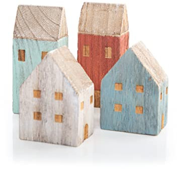 Casas Marinas Mini Madera, Set de 4: decoración hogar, Adornos Marineros Mesa y estantería, Detalles Playa, Verano y mar, Deco baño, salón y Dormitorio, Figuras pequeñas Estilo Costa, 9-13 cm
