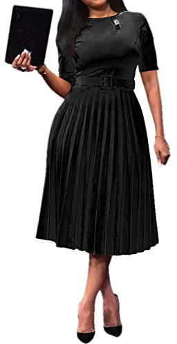 VERWIN Kurzarm-Maxikleid für Fraün mit rundem Hals, Plissee-Kleid mit glattem Gürtel (Large, Schwarz)