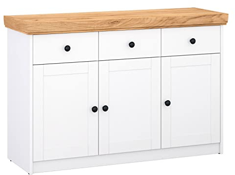 Homestyle4u 2227 Kommode Sideboard Eiche Matt Weiß Holz Massiv Schrank Mit Schubladen Highboard Anrichte