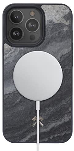 Woodcessories - Magnetisches Bumper Case für iPhone 14 Pro kompatibel mit MagSafe, Handyhülle mit Magnet aus Stein, Camo Grau
