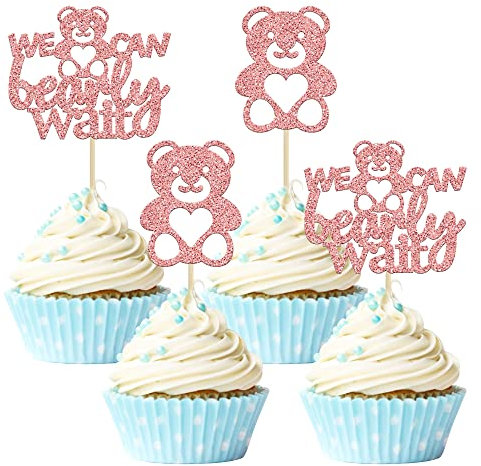 Gyufise 24Pcs We Can Bearly Wait Cupcake Toppers Rose Gold Glitter Bear Cupcake Picks Baby Shower Cake Decorations for Gender Reveal Theme Baby Shower Kids Birthday Party Supplies