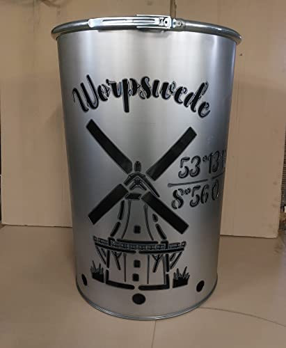 Fuchsbau Feuertonnen Feuertonne mit - Worpswede - Motiv - Gefertigt aus neuem Ölfass - Besondere Feuerstelle für Garten und Terrasse - Hohe Feuerschale mit Rostoptik - 90 x 60 cm