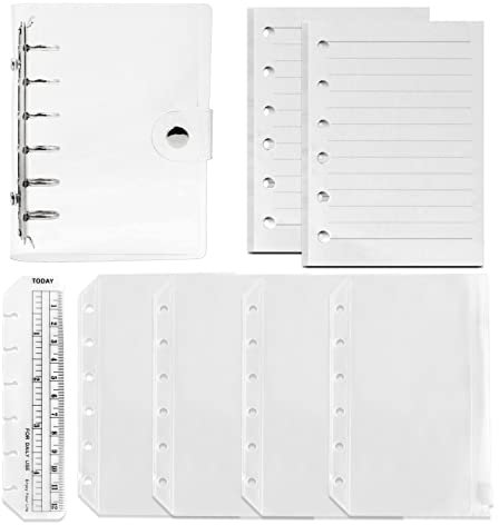 DY.2ten Nachfüllbares A7-Notizbuch-Set mit Einband, 6 Löcher, lose Blätter, PVC-Bindereinband + 90 Blatt (180 Seiten) liniertes Papier + 4 A7-Reißverschlusstaschen + Lineal, für 6-Ringbuch-Tagebuch