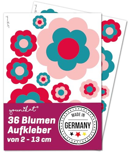 Retro-Blumen Aufkleber Set 36 Sticker ca. 2-13 cm Ø in Rosa-Blau-Rot - Dekoblumen für Autoaufkleber Fahrrad Koffer Helm Vintage Sticker Set - kfz745