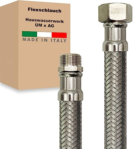 Hauswasserwerk Flexschlauch 1 Zoll Edelstahl Panzerschlauch Anschlußschlauch Sanitär Armaturenschlauch Made in Italy (ÜM x AG - 2000 mm)