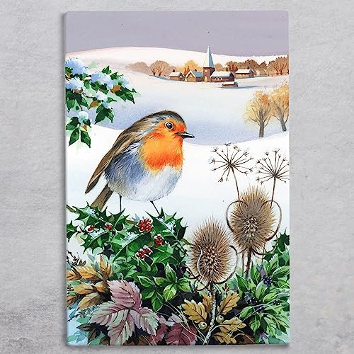 Global Designs Robin Picture Ceramic Tile Bird Plaque Sign Wall Art Snowy Fields By R Fathers 30x20cm