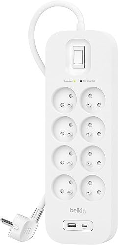 Belkin Multiprise parafoudre avec USB 8 Prises (Montage Mural, Cordon d'alimentation de 2 m, Voyant Lumineux Vert, 1 Port USB-C et 1 Port USB-A, Recharge Rapide PD, Protection jusqu'à 900 Joules)