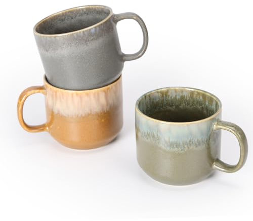 EYMPEU Set de 3 Tazas de Café o Te de 500ml -Cerámica Vidriada para Latte y Té con Asa, Aptas para Microondas - Versátiles, Duraderas y Únicas para Bebidas Calientes o Frías.