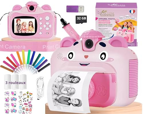CLEM Provence Appareil Photo Enfant Instantané Kawaii Ecran Couleur 12MP Photos Selfies Vidéos HD Carte 32 GB+Lecteur Carte+Rouleaux+Pack Art Créatif - Cadeau Fille