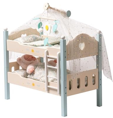 ROBUD Puppenbett Holz für 43 cm Puppen, 2-in-1 Holz Baby Puppen Bett Etagenbett mit Puppenbettwäsche, Babyspielzeug Puppenbett für Rollenspiele, Puppen Zubehör Spielzeug für Kinder (Blau)