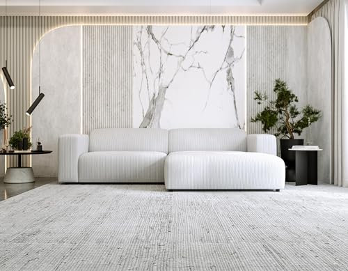 MKS MEBLE Ecksofa Cord, Sofa Cord L-Form, Wohnlandschaft L-Form, Modern Design Couch, Sofagarnitur, Couchgarnitur, Polsterecke - Pasadena - Weiß Cord - rechts Seite