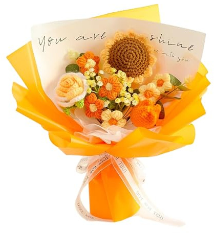Harilla Completed Crochet Flowers Bouquet Artificial Flowers Knitted Rose Daisy Birthday Valentines DIY Home Decor Knitting Gift for Mother for Her,Yellow C-35cmx35cm