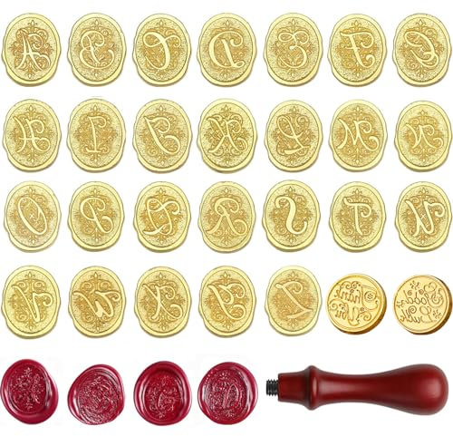 Wachssiegel Stempel Set mit 26 Buchstaben A-Z Alphabet Siegel,1 Vielen Dank Wachssiegel Stempel,1 Viel Glück Siegelstempels,1 Holzgriff,Siegelstempel Set mit Aufbewahrungskiste für Geschenkkarten