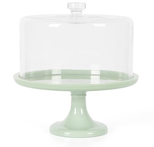 Martha Stewart Highbrook 10-Inch Jadeite Cake Stand with Glass Dome – Vintage-Style Pedestal Dessert Plate for Cakes (up to 8.5) and Pastries, Decorative Covered Serving Platter
