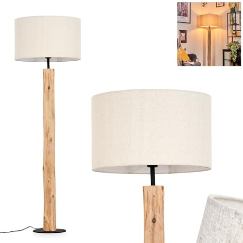 Lampadaire Flemming, lampadaire en bois/métal, tissu naturel/noir/beige, lampe au design scandinave avec abat-jour rond (Ø 50 cm) et interrupteur au pied, hauteur 159 cm, 1 x E27, sans ampoule