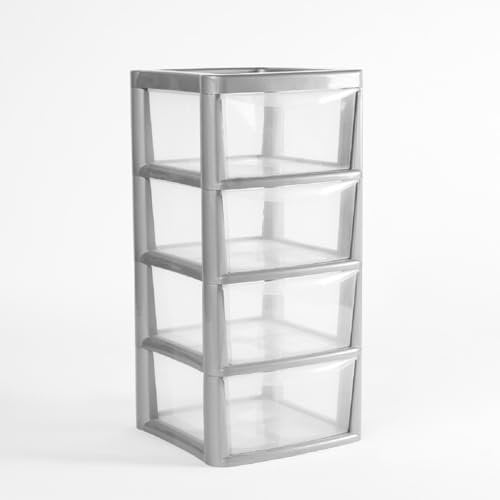 SIDSONS Large Plastic Rattan Style Storage Drawer (Silver/Clear, 4 Tier)