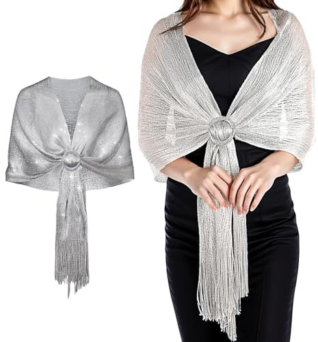 Funkelnde Damen Halstuch Tücher Schal Damen Festlich Für Abendkleid Schultertuch Damen Festlich Hochzeit Braut Abendkleider Schultertuch (Silber)