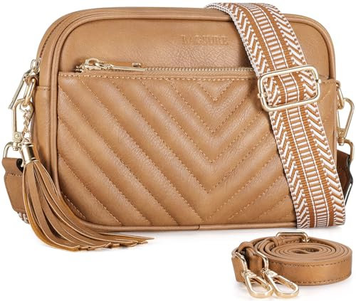 Bagsure Umhängetasche Damen – Crossbody Bags für Frauen mit 2 Verstellbaren, Abnehmbaren Breiten Gurten, Leichte Damen Schultertasche aus Leder, Gestepptes Design