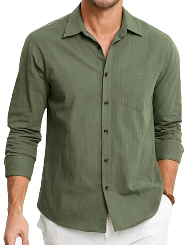 HISDERN Men's Linen Cotton Shirts Long Sleeve Lightweight Regular Fit Solid Button Casual Summer Shirt with Pocket