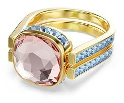 Swarovski Chroma Ring, Vergoldeter und Mehrfarbiger Twist-Damenring mit einem Wendbaren ReCreated Crystal in Grün und Pink im Kissenschliff und Kleineren Blauen Kristallen, Größe: 60