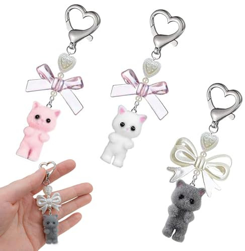 HEOUCH 3 Stück Schlüsselanhänger Katze, Kätzchen Bag Charm, Schlüsselanhänger Süß, Handyanhänger, Y2k Herzschleife Ornament, Klein und Niedlich, Leicht zu Tragen