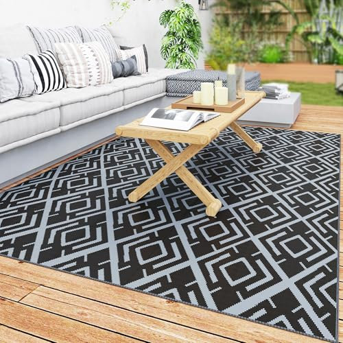 Outsunny Alfombra de Exterior 182x274 cm Alfombra Reversible con Patrón Geométrico de Rombos Impermeable Bolsa de Transporte para Terraza Balcón Patio Camping Playa Negro