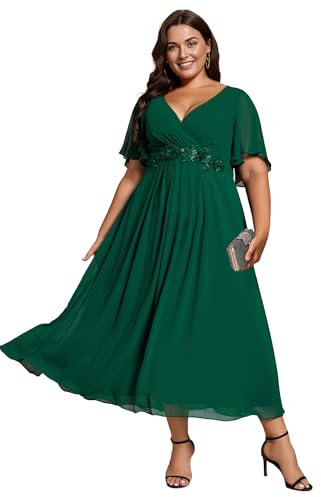 Ever-Pretty Plus Size Women's Breathable Wedding Guest Dress Short Cap Sleeves with Delicate Applique Elegant Mother of The Bride Outfits Dark Green 22UK