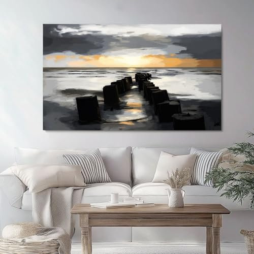 Bilder auf Leinwand Handgemalter Sonnenuntergang Strand, Leinwandbild Ohne Rahmen 70 x 50 cm Wandbilder Dekoration Wohnzimmer Schlafzimmer Küche Deko Klein Wanddeko Bild Wand Kunstdruck Grau