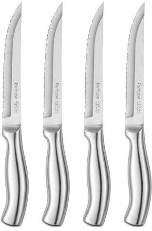 Ruffulon Steak Knife Set of 4,Ergonomic Handle,5'' Stainless Steel,Silver | Ultra Sharp Multipurpose Kitchen/Dinner Knife,High-Carbon Blade for Precision Cut,Rust-Proof,Durable,Nonstick,Dishwasher Safe