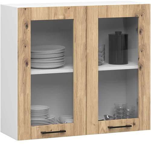 AKORD | Pensile da Cucina a Parete - Vetrina Sospesa in Vetro 80 cm, H720 | 2 Ripiani e 2 Anta Armadio da Cucina | Componibile Mobili da Cucine Armadi | Pannello laminato | Bianco & Rovere Artisan