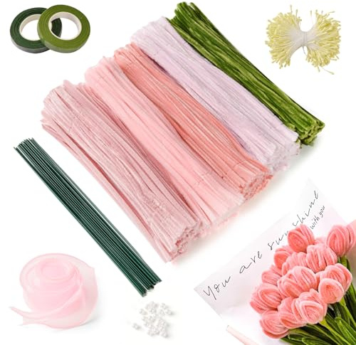 551 st rosa rörrengörare blomkit för tulpanbuketter, piprensare för hantverksblommor chenillestjälkar hantverkstillbehör 5 färger med blommiga trådar, bukettförpackning, band, ståndare, pärlor etc.