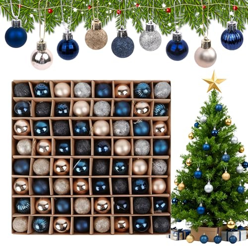 Christmas Baubles for Tree Decoration, 64pcs 3cm Silver Blue Christmas Ball Ornaments, Mini Xmas Tree Hanging Ornaments Balls for Xmas Decoration