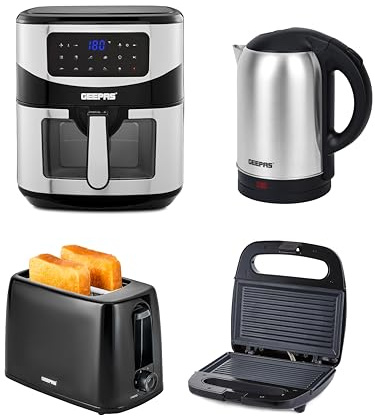 GEEPAS 1.8L Kettle 2 Slice Toaster Panini Grill & 9.2L Digital Air Fryer Combo Kitchen Set | Cordless Stainless Steel Jug Kettle | Bread Toaster 6 Browning Levels | Air Fryer for Oil Fat Free Cooking