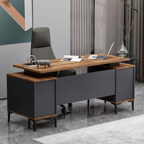 Homidea Branco Chefschreibtisch – Moderner Bürotisch mit Stauraum (Anthrazit-Eiche)