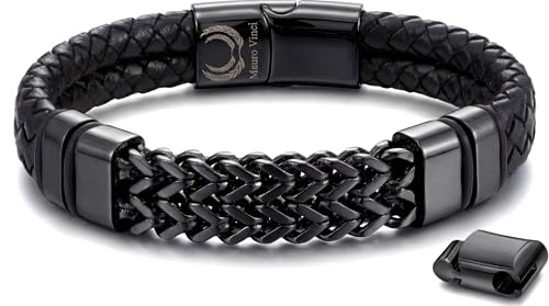 Mauro Vinci Lederarmband Herren - Gliederarmband Stahl schwarz - goldfarben Hera - 19cm bis 20,5cm verstellbar - Mit Luxusverpackung