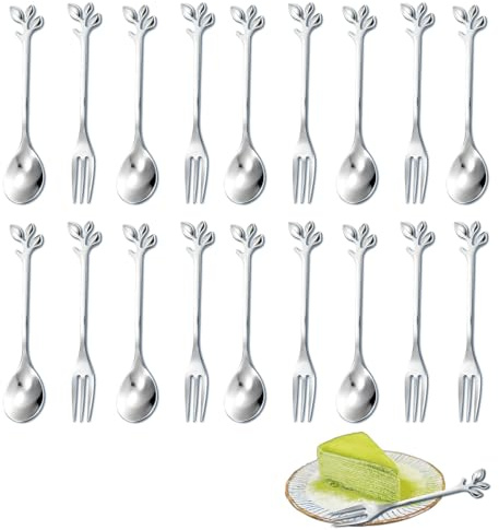 KASESSS Set Di 16 Cucchiaini Da Caffè E Forchettine Da Dolce, Acciaio Inossidabile Design A Foglia Cucchiaini Da Caffè Particolari E Forchette, Lavabile In Lavastoviglie, Lucido