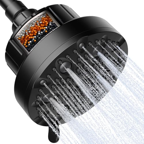 OFFO Fixed Shower Head with Built-in Filter, 9 Modes 13cm(5 inch) Waterfall Shower Head, Remove Chlorine and Harmful Substances, with Adjustable Metal Swivel Ball Joint, Matte Black