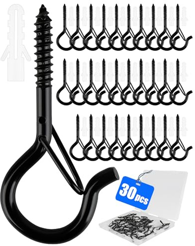 Acual Schraubhaken 30 Stück, Schraubhaken mit Sicherung, Hakenschrauben | Haken zum Schrauben, Deckenhaken Wandhaken zum Aufhängen Topfplanzen, Lichte (Schwarz)